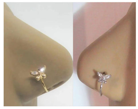 20G Gold Silver Nose Ring Hoop Clear CZ Diamond Crystal Butterfly Nose Ring 20 gauge Nose Jewelry Nostril Ring - I Love My Piercings!