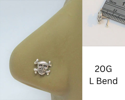 Skull Crossbones Nose Stud L Bend Shape Bent Post Jewelry 20 gauge 20G Nose Jewellry Pin Nostril - I Love My Piercings!