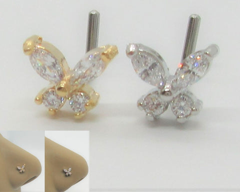 Nose Ring Stud CZ Gem Crystal Butterfly Nose Stud 20g 20 gauge Nose Jewelry Nostril Silver Gold Nose Stud L Shape Nose Stud - I Love My Piercings!