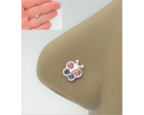 20G Nose Stud Pink Purple Nose Ring CZ Crystal Butterfly Sterling Silver L Shape Nose Stud 20 gauge Nose Jewelry Nostril Ring - I Love My Piercings!