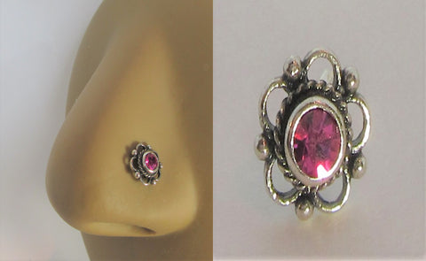 Sterling Silver Nose Stud Pin Ring Bent L Shape Fuchsia Swarovski 20 gauge - I Love My Piercings!