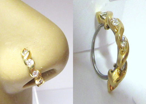 18K Yellow Gold Plated Nose Hoop Stud Clear Gem Swirl Wrapped Crystal 20 gauge - I Love My Piercings!