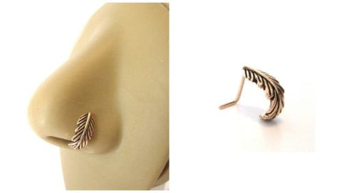 18K Rose Gold Plated L Shape Nose Ring Hoop Stud Feather 20 gauge 20g - I Love My Piercings!