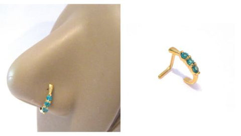 18K Gold Plated L Shape Nose Ring Stud Hoop Aqua Green CZ Crystals 18 gauge 18g - I Love My Piercings!