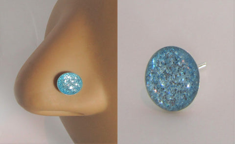 Sterling Silver Nose Stud Pin Ring Bent L Shape Sea Blue Glitter 20 gauge 20g - I Love My Piercings!