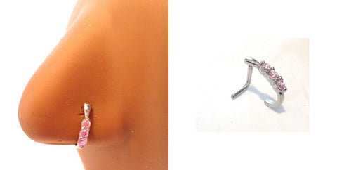 Surgical Steel L Shape Nose Ring Stud Hoop Triple Pink CZ Crystals 18 gauge 18g - I Love My Piercings!