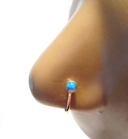 18k Gold Plated Fake Faux Blue Opal Ball Nose Hoop Clip Cuff Looks 18 gauge - I Love My Piercings!