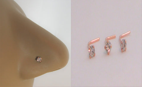 3 18k Rose Gold Plated 2mm Clear Gem Nose Bent L Shape Pins Studs 22 gauge - I Love My Piercings!