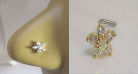 18k Gold Plated Crystal Iridescent Flower Bent L Shape Stud Pin Post 20 gauge - I Love My Piercings!