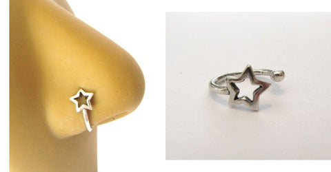 Sterling Silver Fake Faux Open Star Nose Hoop Clip Cuff Looks 18 gauge - I Love My Piercings!