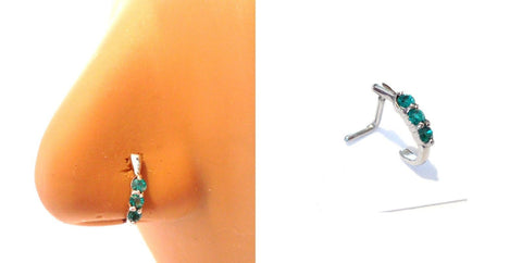 Surgical Steel L Shape Nose Ring Stud Hoop Triple Aqua Green Crystals 18 gauge - I Love My Piercings!