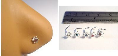 5 Sterling Silver Filigree Flower Crystal Nose L Shape Studs Pins 22 gauge 22g - I Love My Piercings!