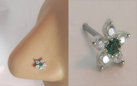 Surgical Steel Clear Green Crystal Loaded Flower Ball End Nose Bone Stud 20 gauge - I Love My Piercings!