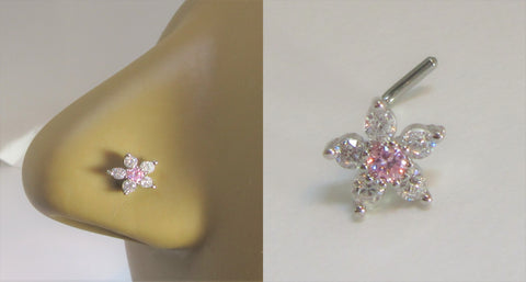 Surgical Steel Pink Clear Crystals Flower Bent L Shape Stud Pin Post 20 gauge - I Love My Piercings!