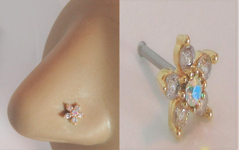 18k Gold Plated Steel Clear AB Crystal Loaded Flower Ball End Nose Bone 20 gauge - I Love My Piercings!