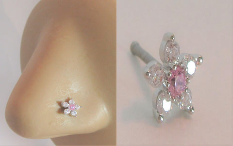 Surgical Steel Clear Pink Crystal Loaded Flower Ball End Nose Bone 20 gauge - I Love My Piercings!