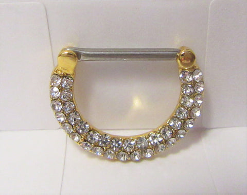 18k Gold Plated Loaded Clear Crystal Half Hoop Nipple Straight Barbell 14 gauge - I Love My Piercings!