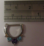 Surgical Steel Aqua Purple Crystal Gem Septum Hoop Snap in Post 14 gauge 14g - I Love My Piercings!