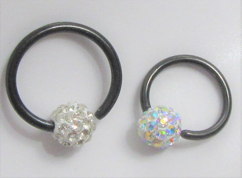 Black Titanium Gem Crystal CZ Clear AB Stone Ball Round Hoop Ring 16G 16 gauge - I Love My Piercings!