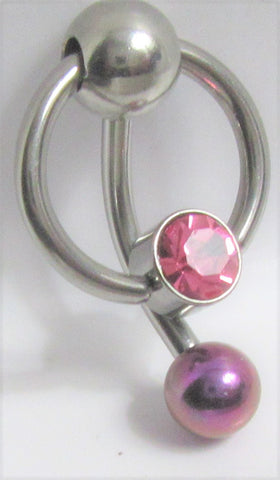 Flat Pink Crystal Gem Hoop Dangle VCH Vertical Clit Clitoral Hood Ring Bar 14g - I Love My Piercings!