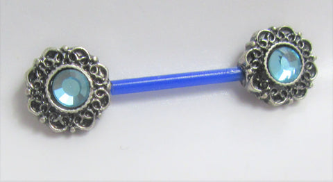 Flexible Metal Sensitive Blue Gem Ornate Nipple No Metal Bar Ring Bioplast 14g - I Love My Piercings!