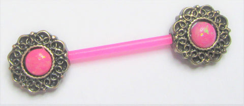 Flexible Metal Sensitive Pink Ornate Flower Nipple No Metal Bar Bioplast 14g - I Love My Piercings!