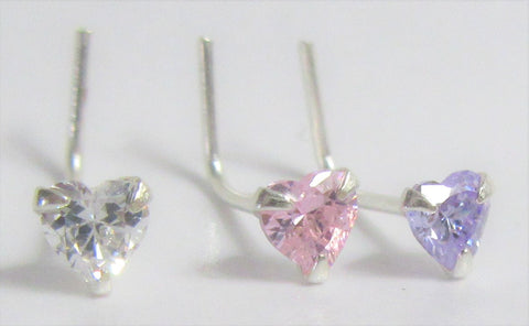 Sterling Silver Crystal Heart Nose Rings Pins L Shape Bent Studs Post 22 gauge 22g - I Love My Piercings!