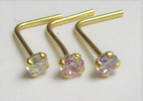 18k Gold 2mm Pink Purple Clear CZ Nose Stud Earring Straight Pin Post L Shape 22 - I Love My Piercings!