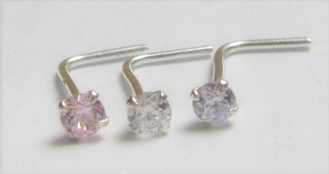 Sterling Silver Pink Purple Clear 2mm Crystal Nose Rings Pins L Shape Bent Studs Post 22 gauge 22g - I Love My Piercings!