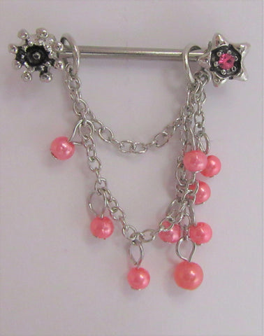 Surgical Steel Pink Pearl Dangle Nipple Hoop Shield Barbell Ring 14 gauge 14g - I Love My Piercings!