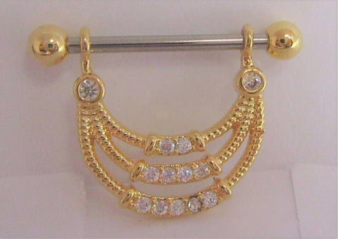 18k Gold Plated Triple Loop Crystal Drop Nipple Hoop Shield Barbell 14 gauge - I Love My Piercings!