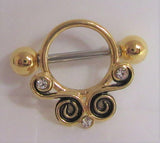 18k Gold Plated Ornate Crystal Swirls Nipple Hoop Shield Barbell 14 gauge 14g - I Love My Piercings!