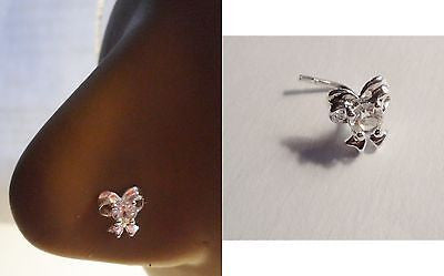 Sterling Silver Nose Stud Pin Ring L Shape Clear Crystal Ribbon  20g 20 gauge - I Love My Piercings!