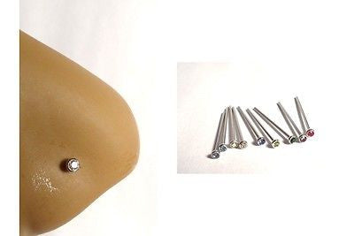 9 Piece Longer Post Nose L Shape Straight Stud Pin Ring 2mm Crystal 20 gauge 20g - I Love My Piercings!