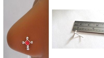 Sterling Silver Nose Stud Pin Ring L Shape Crystal Cross 20g 20 gauge Red - I Love My Piercings!
