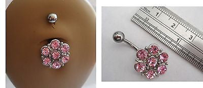 Surgical Steel Large Flower Belly Ring Barbell Pink Crystal 14 gauge 14g - I Love My Piercings!