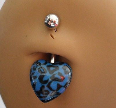 Surgical Steel Belly Ring Cheetah Pattern Black Blue 14 gauge 14g Heart - I Love My Piercings!