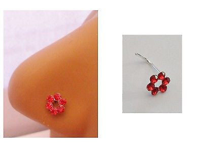 Sterling Nose Stud Ring L Shape Large Open Flower Crystal Red 20g 20 gauge - I Love My Piercings!