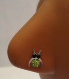 Sterling Silver Nose Stud Pin Ring L Shape Large Owl 20g 20 gauge Green - I Love My Piercings!