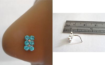 Aqua Double Row Crystal Nose Ring Stud Pin L Shape Sterling Silver 20 gauge 20g - I Love My Piercings!