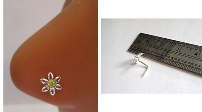 Sterling Silver Nose Stud Pin Ring L Shape Crystal Flower 20g 20 gauge Green - I Love My Piercings!