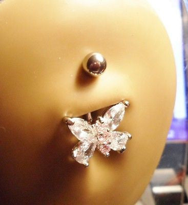 Surgical Steel Belly Ring Barbell Jeweled Clear Crystal Butterfly 14 gauge 14g - I Love My Piercings!