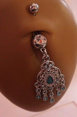 Surgical Steel Belly Ring Aqua Blue Crystal Filigree Dangle 14 gauge 14g - I Love My Piercings!