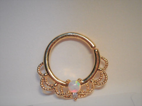 18k Gold Plated Filigree White Opal Hoop Seamless 16 gauge - I Love My Piercings!