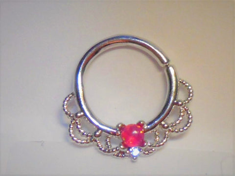 Surgical Steel Filigree Red Opal Hoop Seamless 16 gauge - I Love My Piercings!