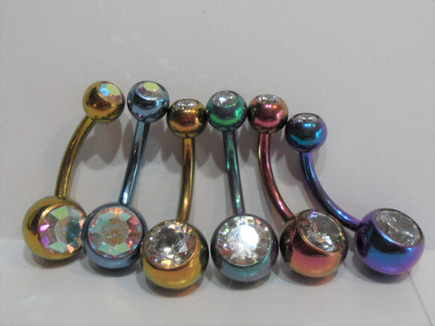 6 Piece Pure Titanium Double Crystal Belly Rings 14 gauge - I Love My Piercings!