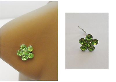 Sterling Silver Nose Stud Pin L Shape BIG Flower 20g 20 gauge Crystal Green - I Love My Piercings!