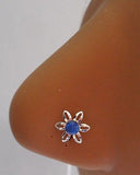 Sterling Silver Nose Stud Pin Ring L Shape Crystal Flower 20g 20 gauge Blue - I Love My Piercings!