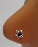 Sterling Silver Nose Stud Pin Ring L Shape Crystal Flower 20g 20 gauge Black - I Love My Piercings!