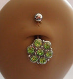 Surgical Steel Large Flower Belly Ring Barbell Green Crystal 14 gauge 14g - I Love My Piercings!